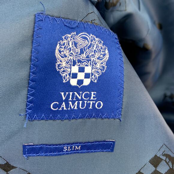 Vince Camuto Slim Blazer Jacket Mens Size 44L Single Button Blue Microcheck - Picture 7 of 8